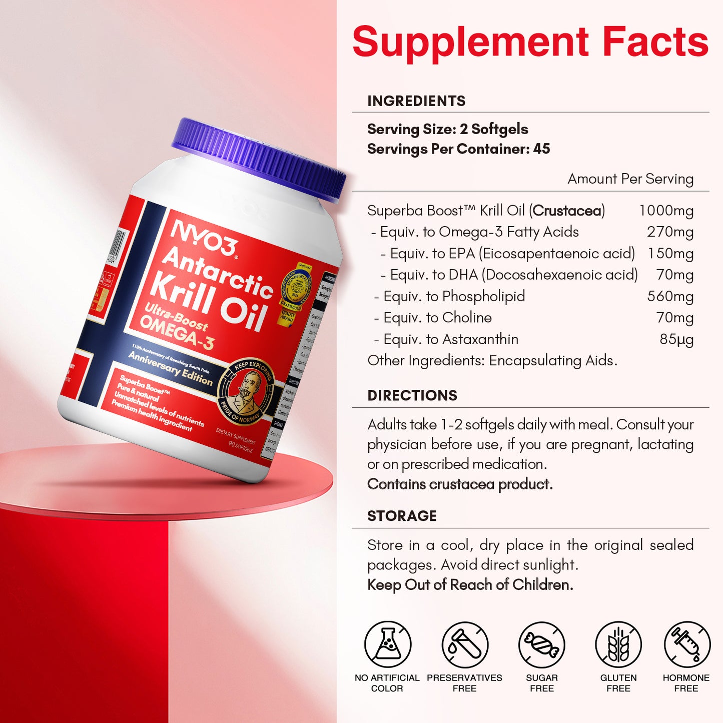 NYO3® Antarctic Krill Oil Amundsen Omega 3 Softgels. 90ct