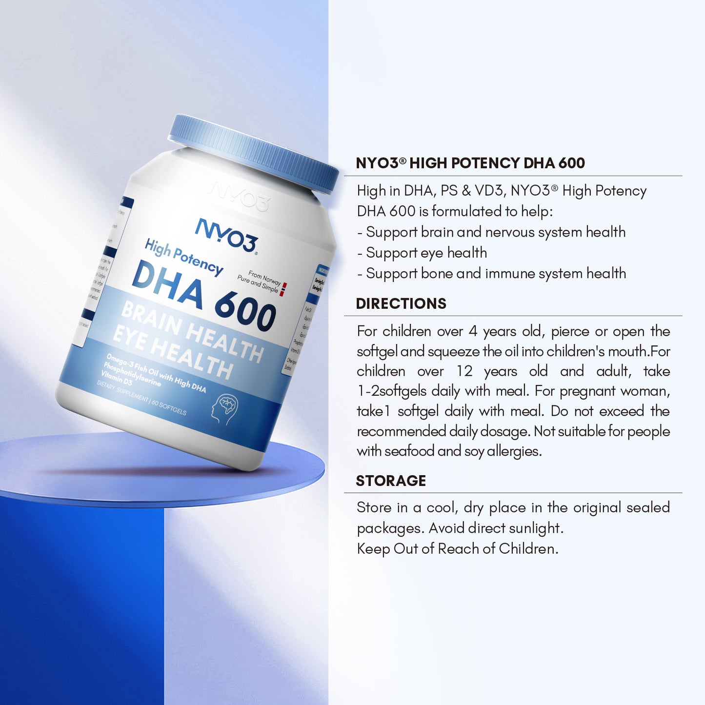 NYO3® High Potency DHA 600 Fish Oil Softgels 1000mg