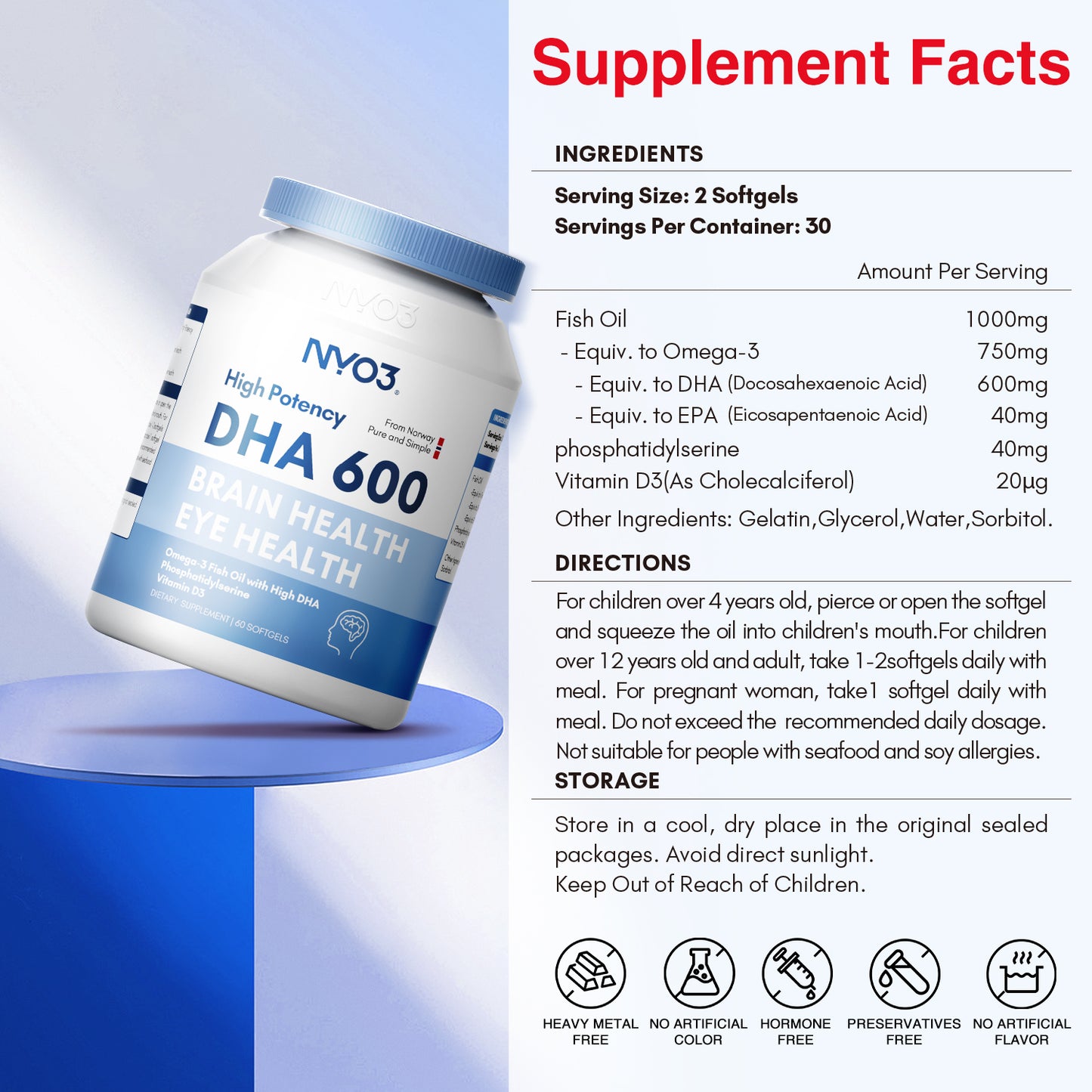 NYO3® High Potency DHA 600 Fish Oil Softgels 1000mg
