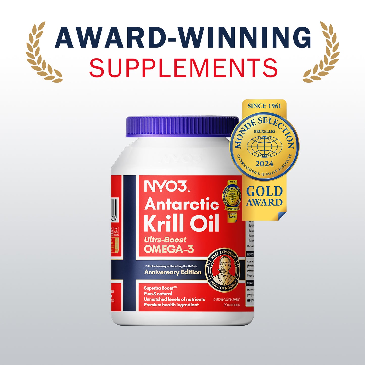 NYO3® Antarctic Krill Oil Amundsen Omega 3 Softgels. 90ct