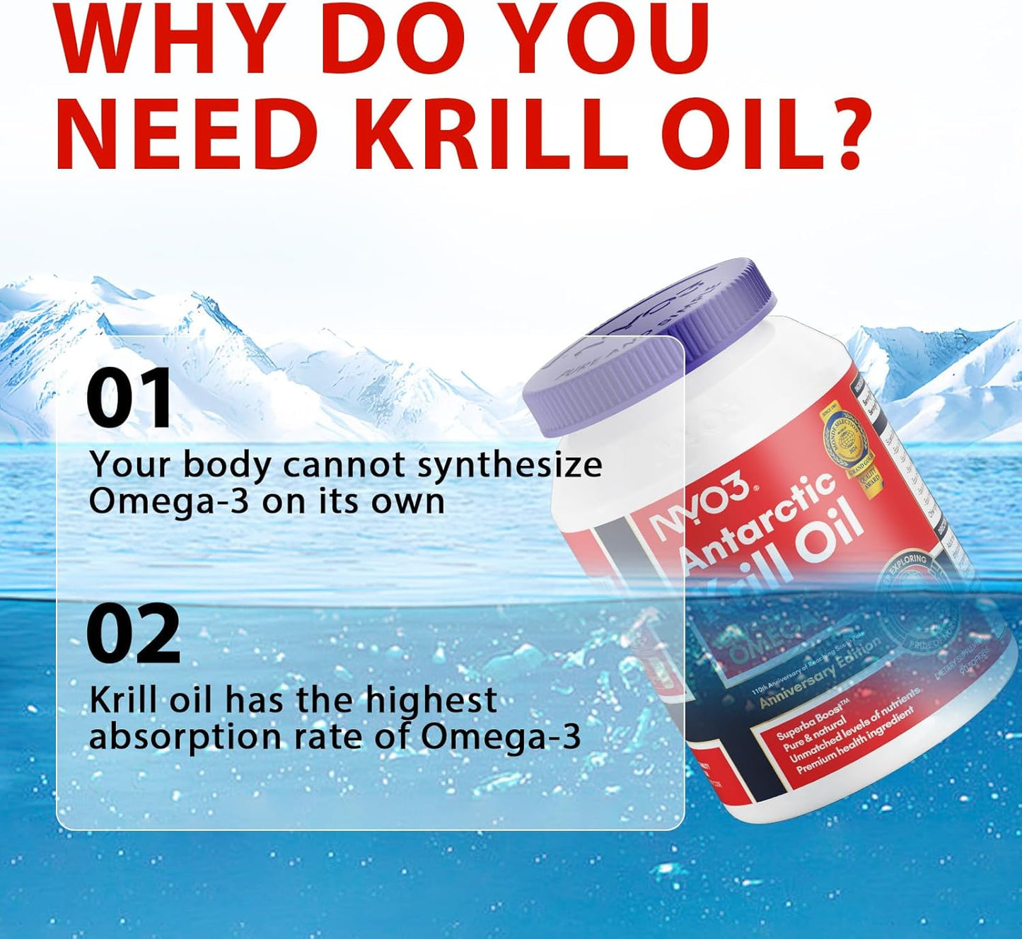 NYO3® Antarctic Krill Oil Amundsen Omega 3 Softgels. 60ct