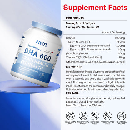 NYO3® High Potency DHA 600 Fish Oil Softgels 1000mg