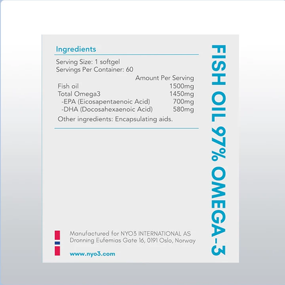 NYO3® 97% Omega 3 Fish Oil Softgels, 60ct.